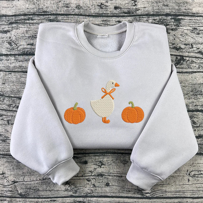 Goose Pumpkin Embroidered Sweatshirt, Autumn Sweatshirt, Bow Embroidered T Shirt, Sweatshirt For Woman Gift.