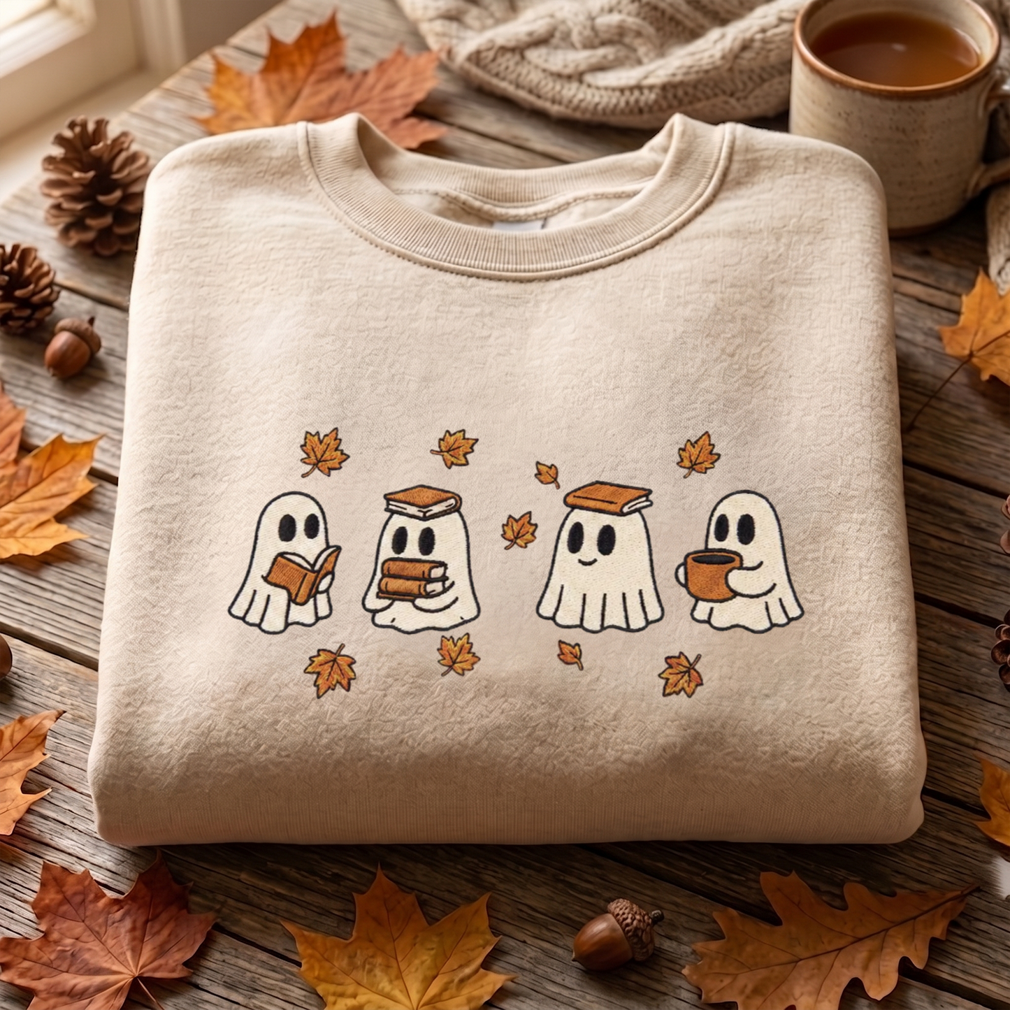 Ghost And Book Embroidered Sweatshirt, Autumn Sweatshirt, Halloween Embroidered T Shirt, Sweatshirt For Halloween Gift.