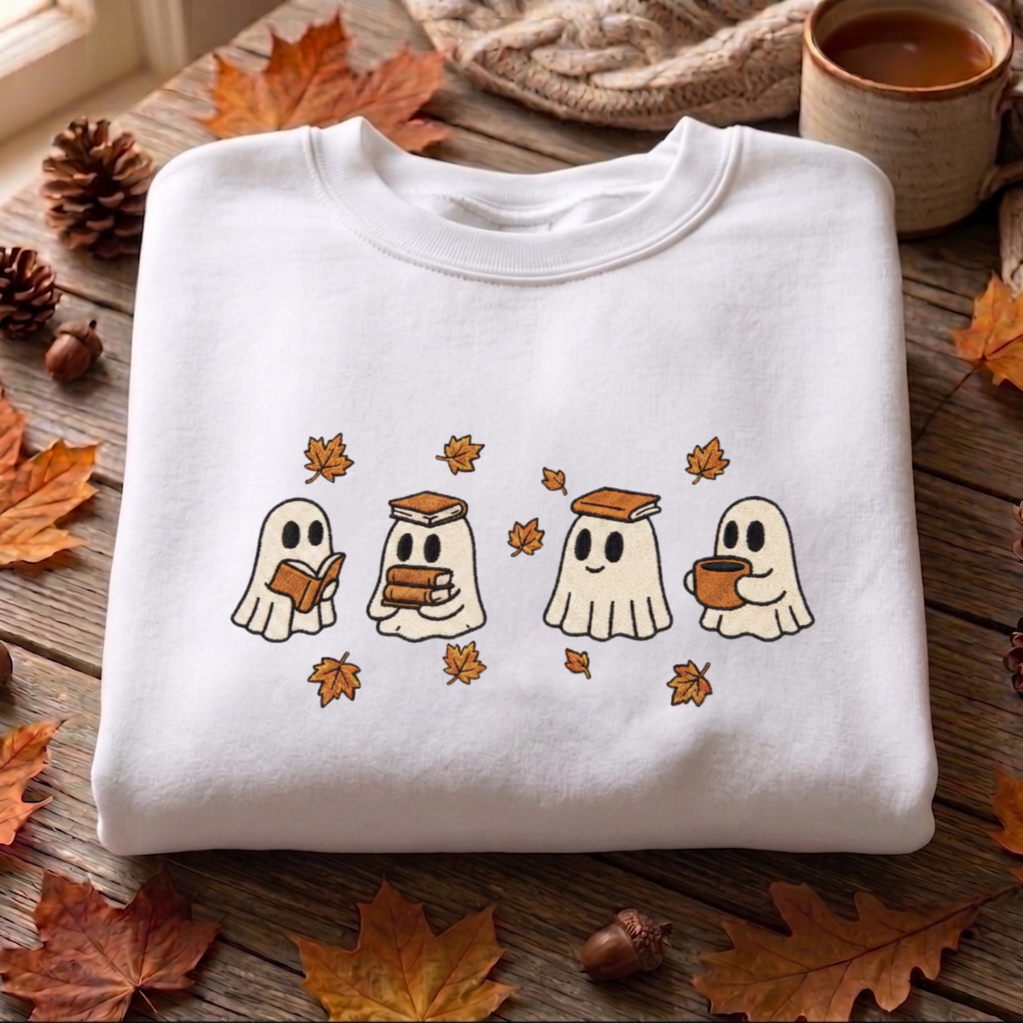 Ghost And Book Embroidered Sweatshirt, Autumn Sweatshirt, Halloween Embroidered T Shirt, Sweatshirt For Halloween Gift.