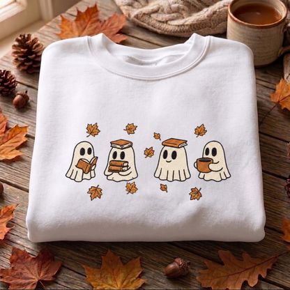 Ghost And Book Embroidered Sweatshirt, Autumn Sweatshirt, Halloween Embroidered T Shirt, Sweatshirt For Halloween Gift.