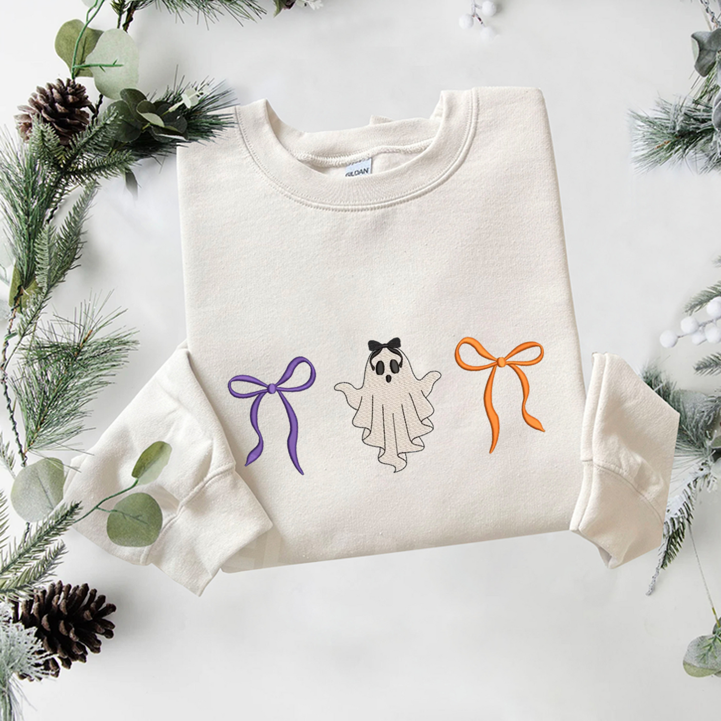 Coquette Ghost Sweatshirt Embroidered, Halloween Sweatshirts, Bow T Shirt, Sweatshirt For Her.